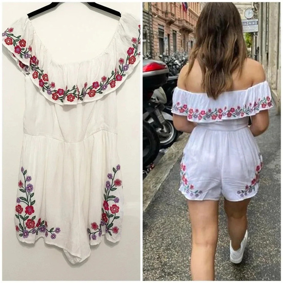 American Eagle Outfitters Pants - American Eagle White Romper with Floral Embroidery Size 8